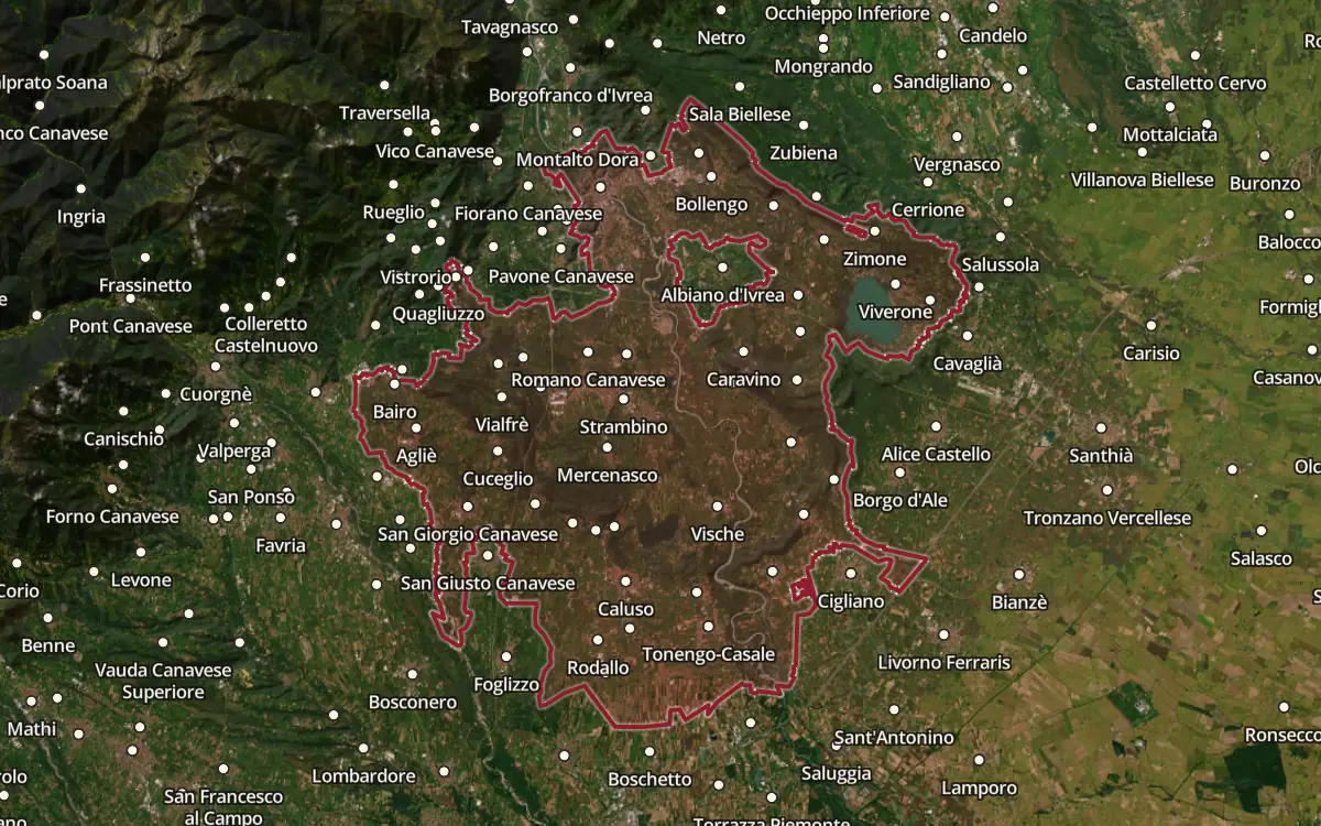 Map of the Erbaluce di Caluso / Caluso DOCG production zone on satellite imagery
