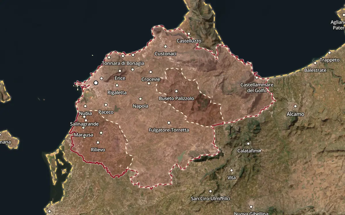 Map of the Erice DOC production zone on satellite imagery