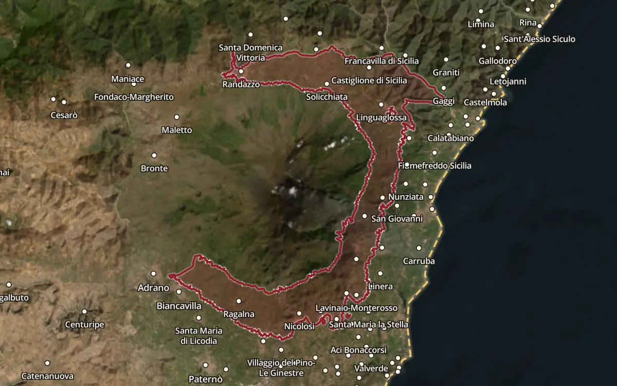 Map of the Etna DOC production zone, which holds Cavaliere, on satellite imagery