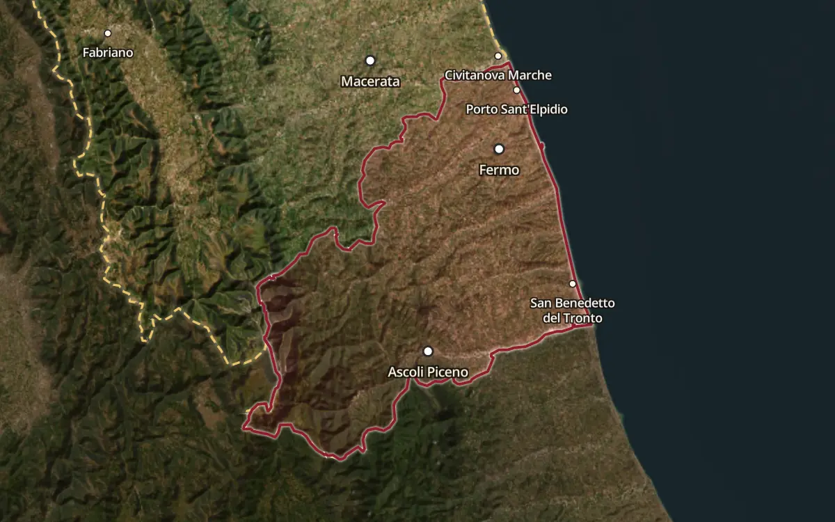 Map of the Falerio DOC production zone on satellite imagery