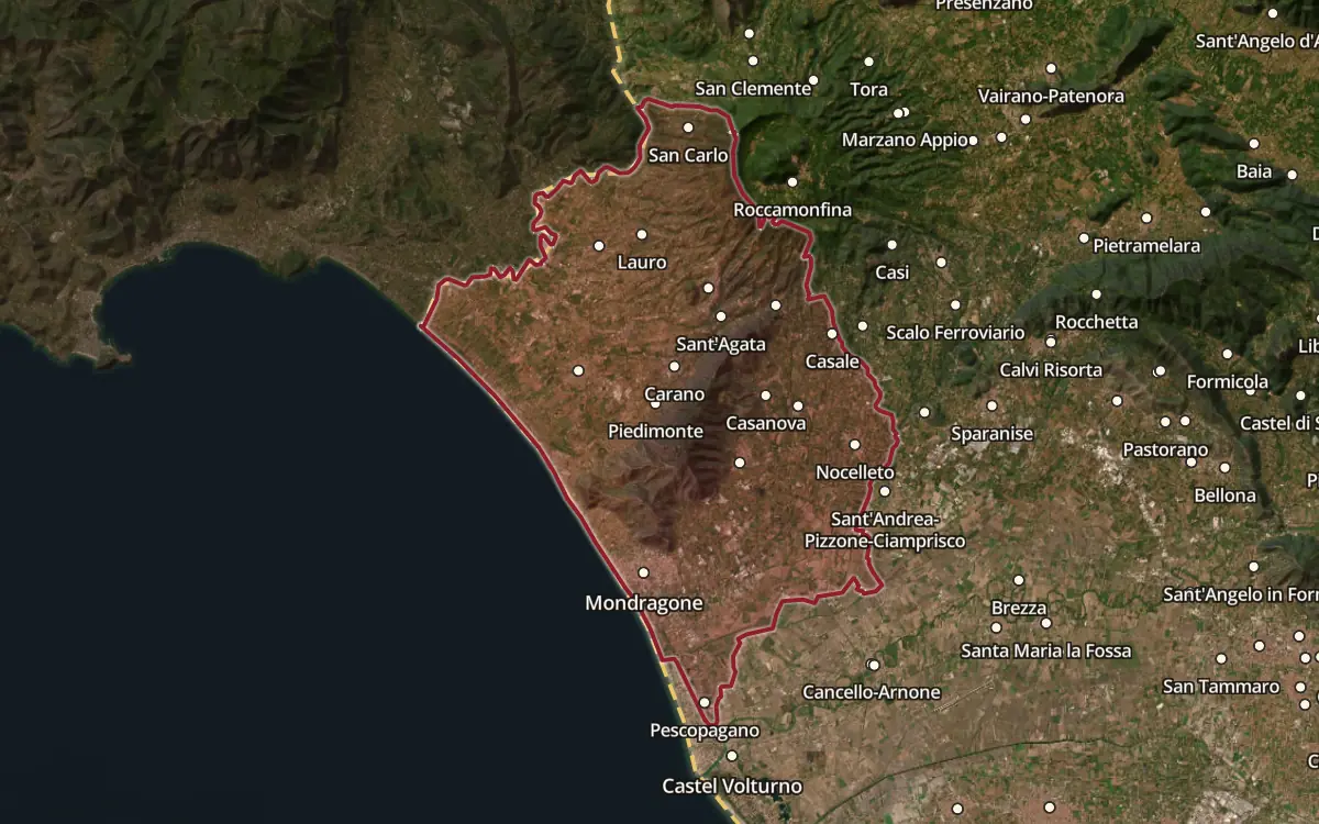 Map of the Falerno del Massico DOC production zone on satellite imagery