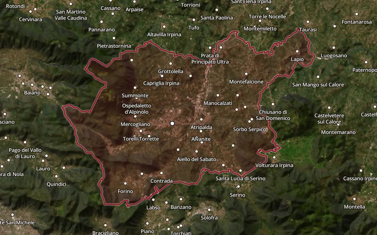 Map of the Fiano di Avellino DOCG production zone on satellite imagery