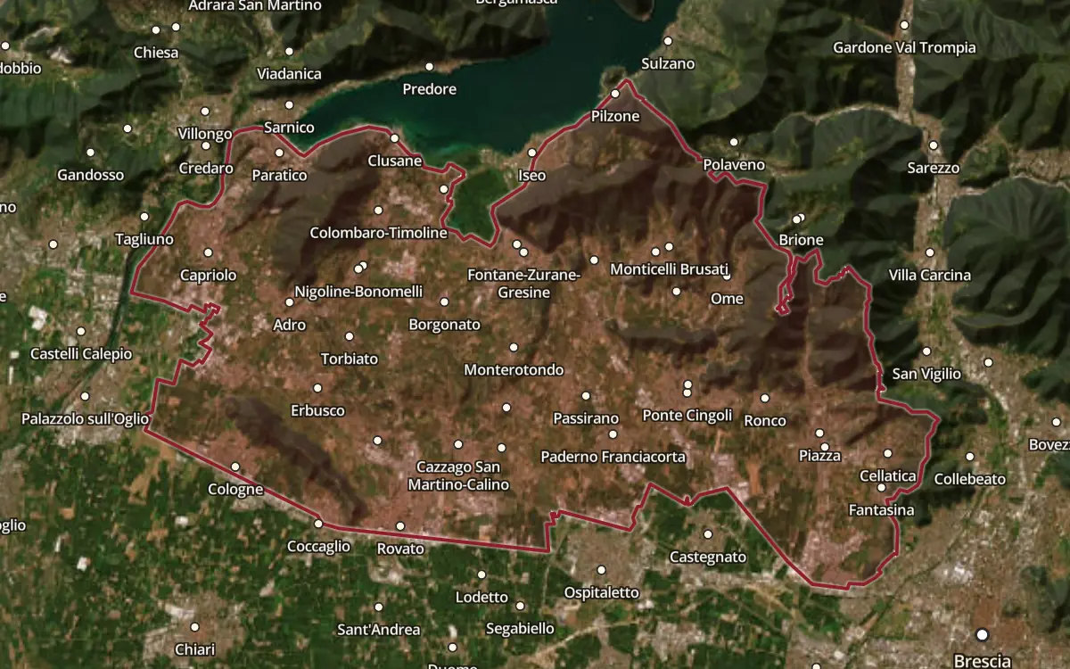 Map of the Franciacorta DOCG production zone on satellite imagery
