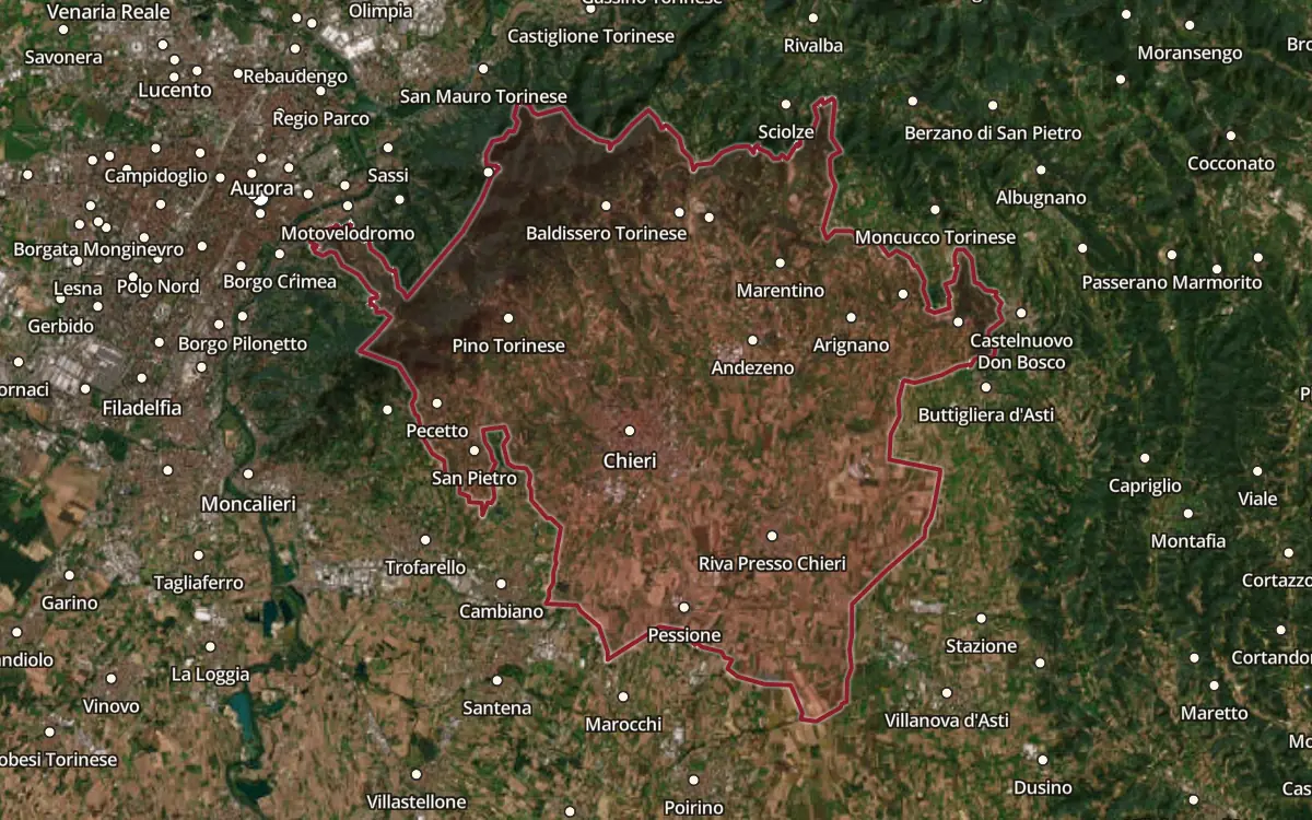 Map of the Freisa di Chieri DOC production zone on satellite imagery