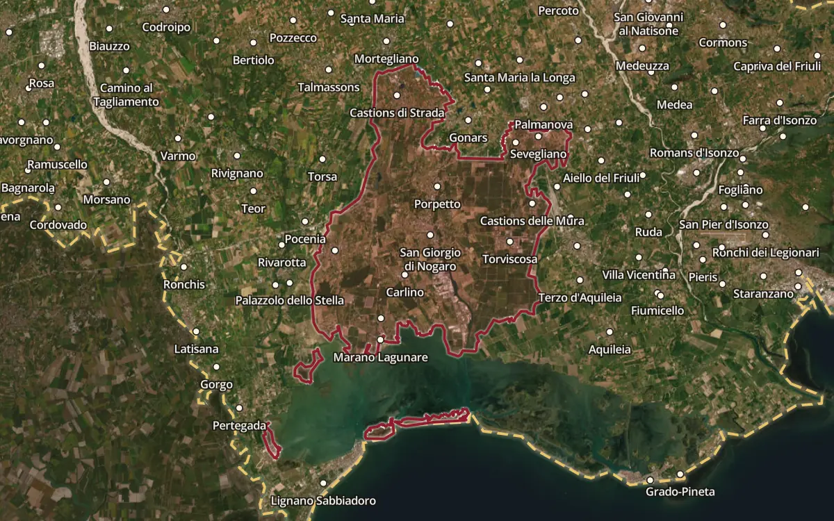Map of the Friuli Annia DOC production zone on satellite imagery
