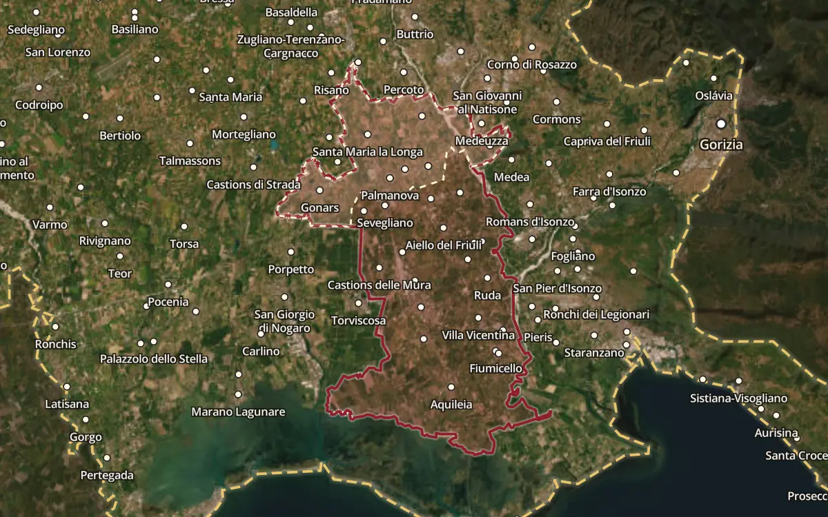 Map of the Friuli Aquileia DOC production zone on satellite imagery