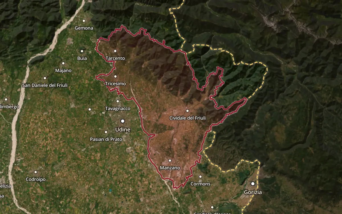Map of the Friuli Colli Orientali DOC production zone on satellite imagery