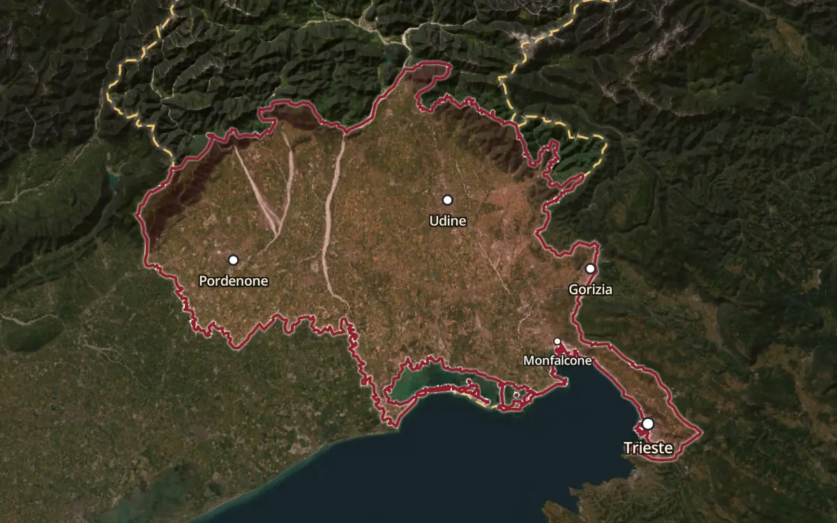 Map of the Friuli DOC production zone on satellite imagery
