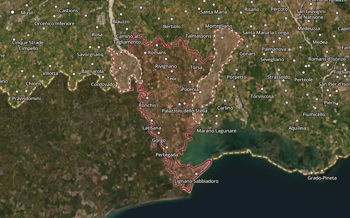 Map of the Friuli Latisana DOC production zone on satellite imagery