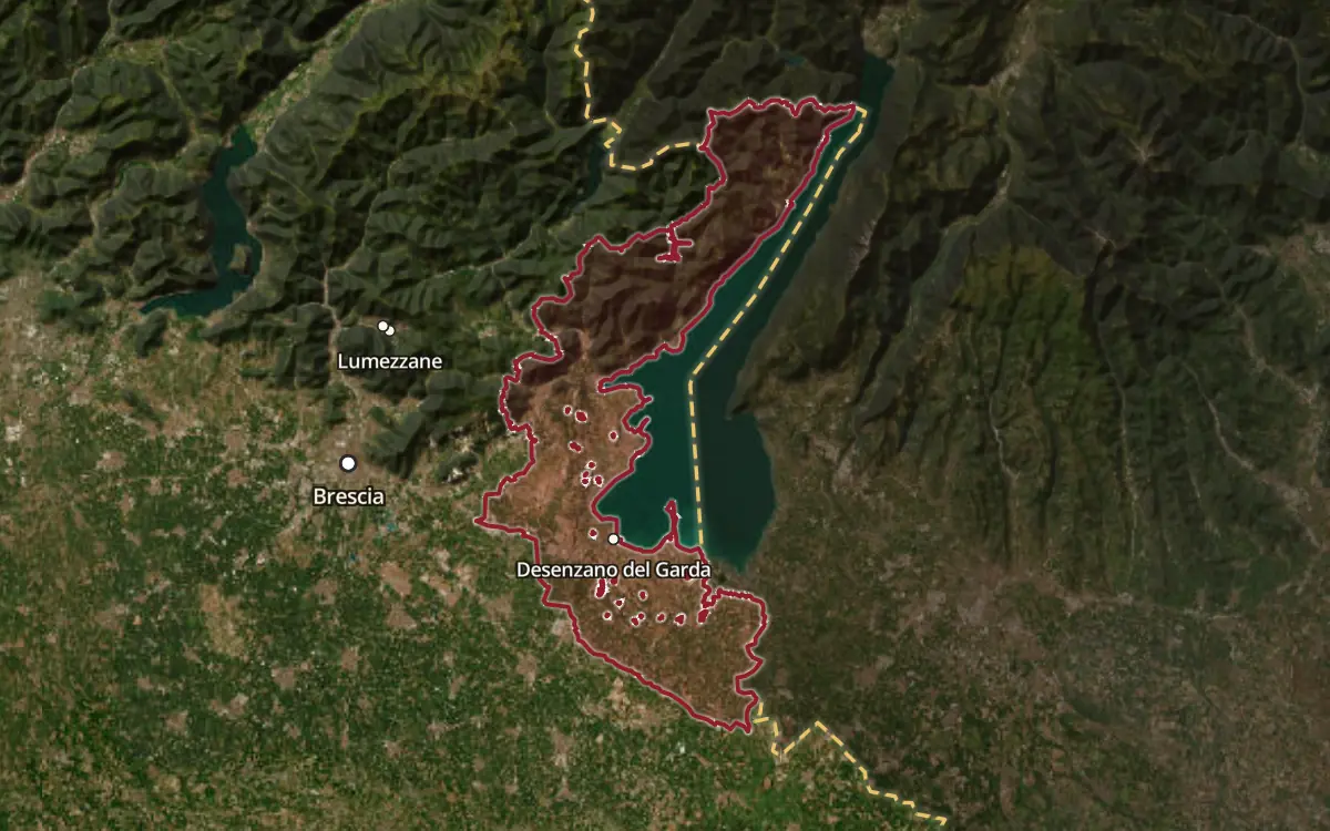 Map of the Garda Merlot DOC production zone on satellite imagery