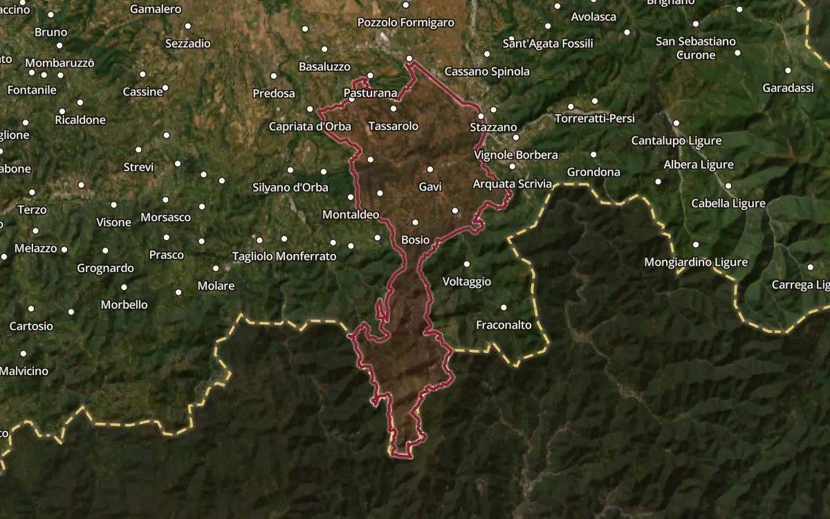 Map of the Gavi / Cortese di Gavi DOCG production zone on satellite imagery