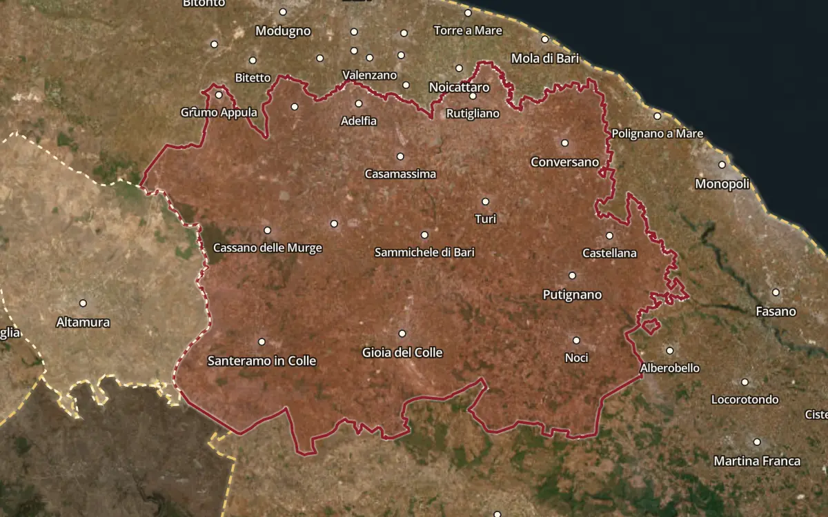 Map of the Gioia del Colle DOC production zone on satellite imagery