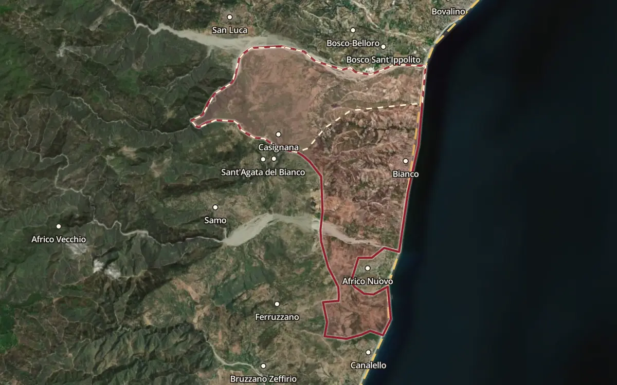 Map of the Greco di Bianco DOC production zone on satellite imagery