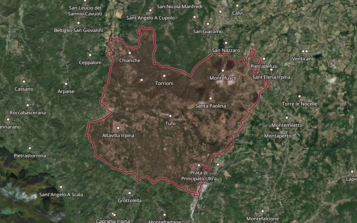 Map of the Greco di Tufo DOCG production zone on satellite imagery
