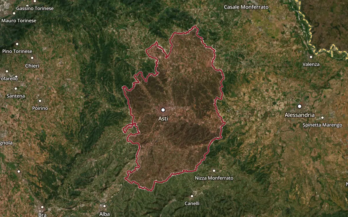 Map of the Grignolino d'Asti DOC production zone on satellite imagery