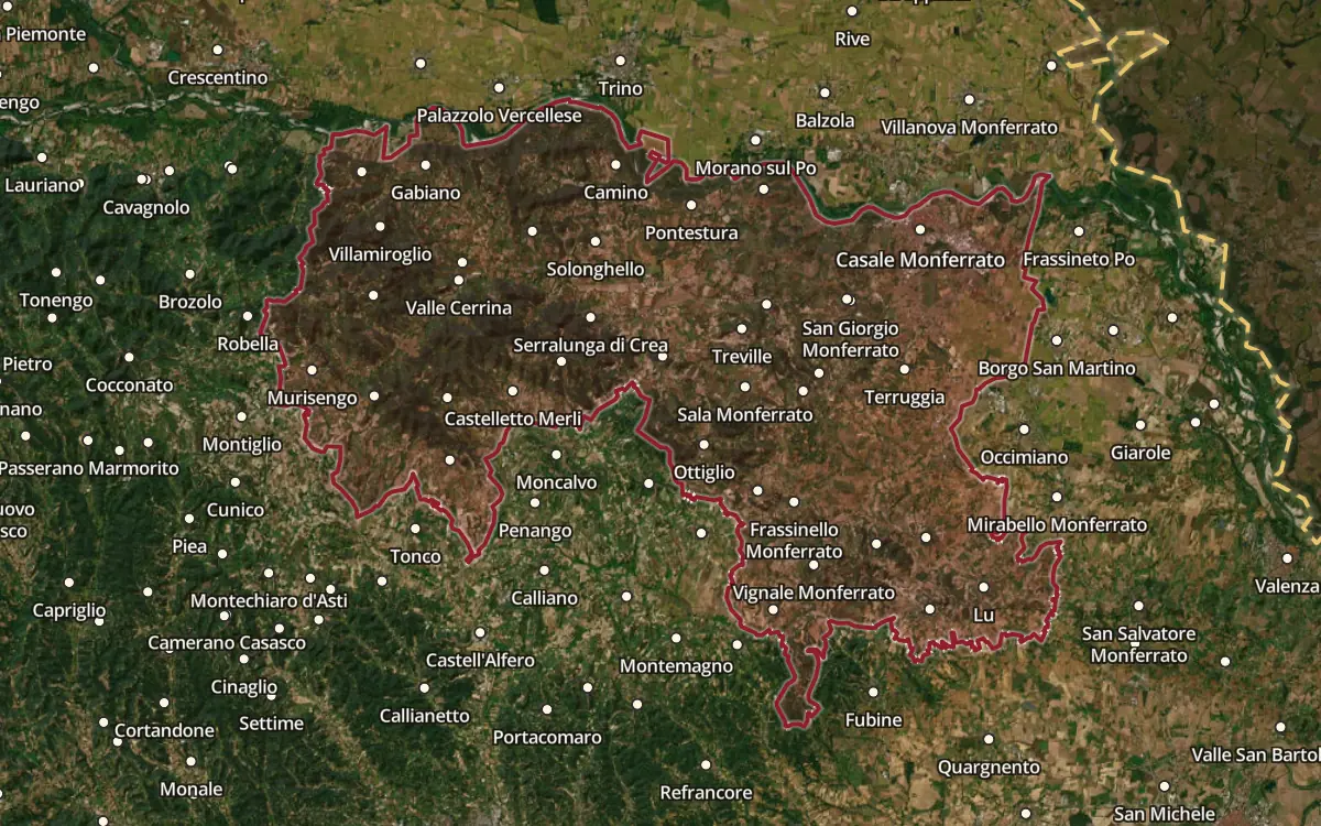 Map of the Grignolino del Monferrato Casalese DOC production zone on satellite imagery