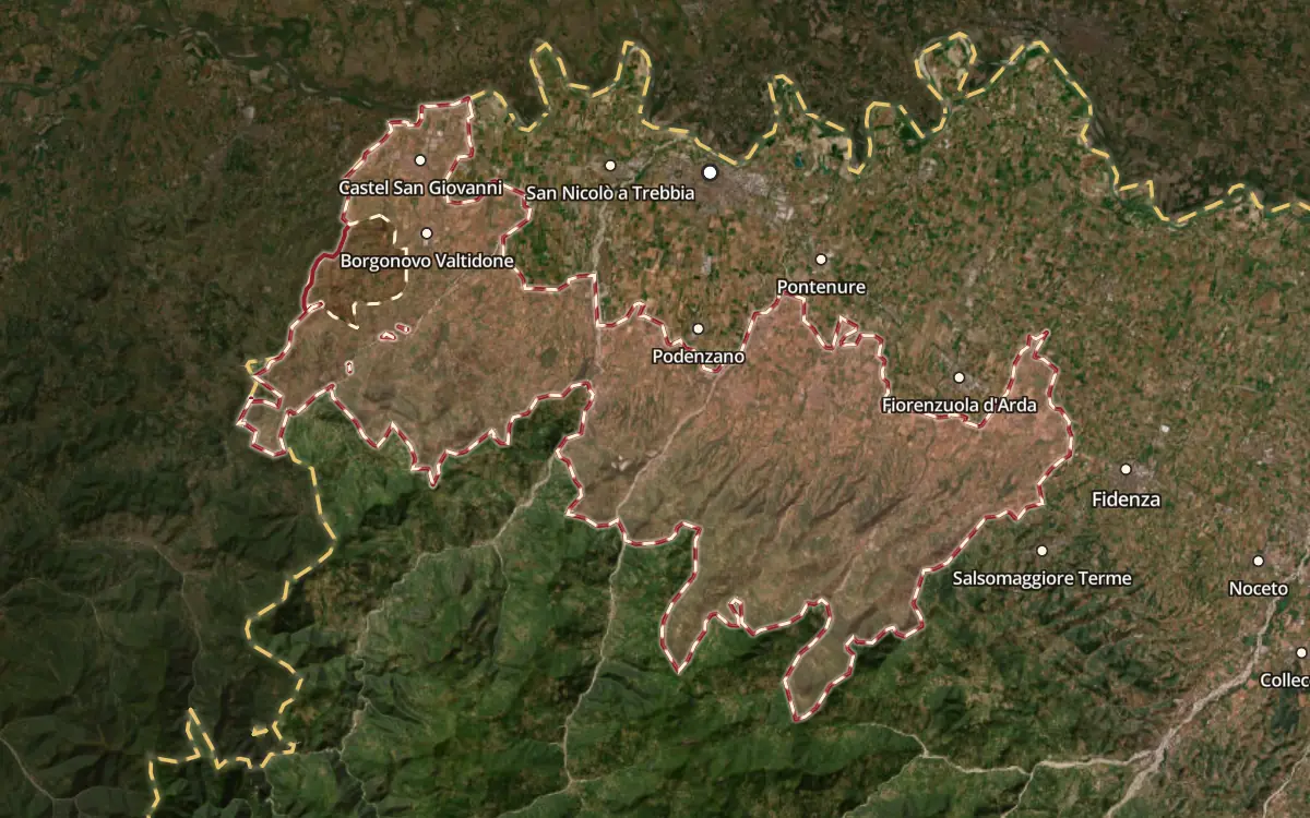 Map of the Gutturnio DOC production zone on satellite imagery