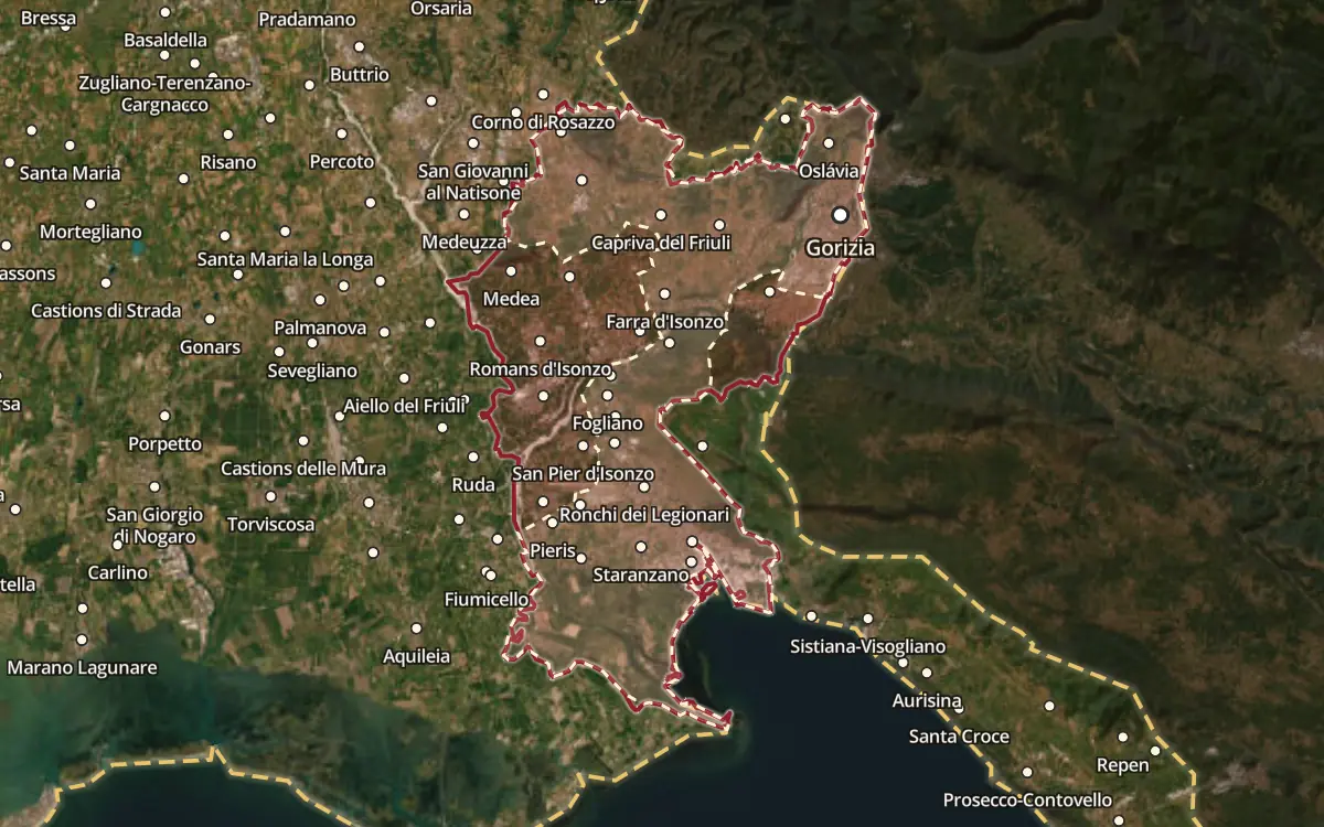 Map of the Isonzo / Isonzo del Friuli DOC production zone on satellite imagery