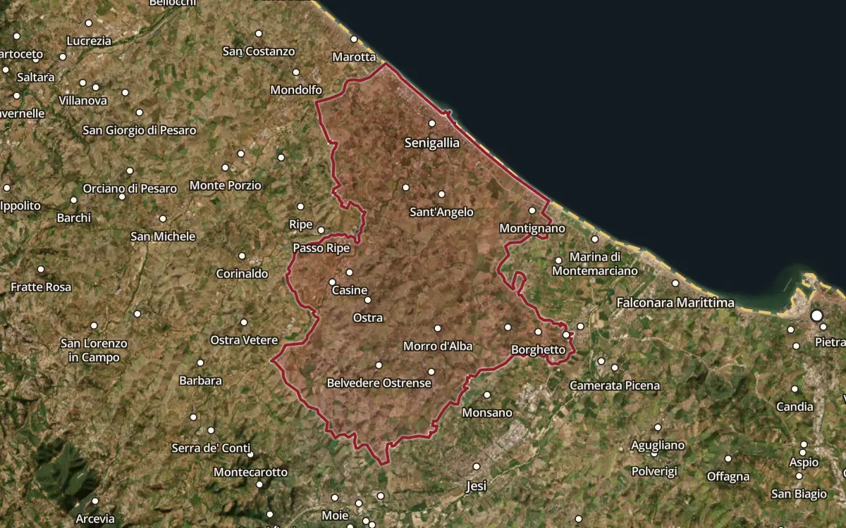 Map of the Lacrima di Morro d'Alba DOC production zone on satellite imagery