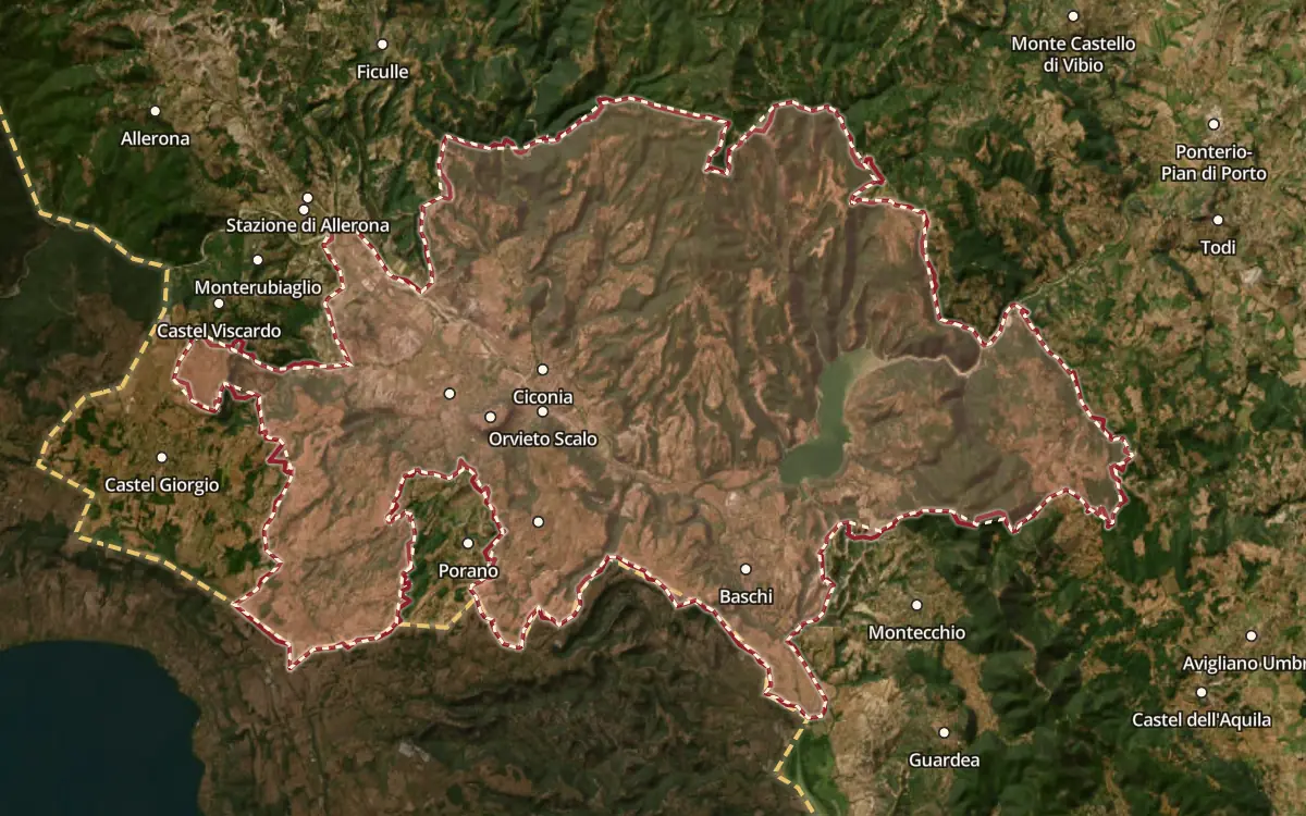 Map of the Lago di Corbara DOC production zone on satellite imagery