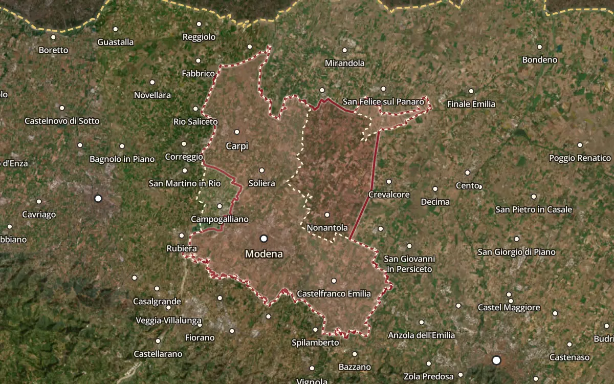 Map of the Lambrusco di Sorbara DOC production zone on satellite imagery