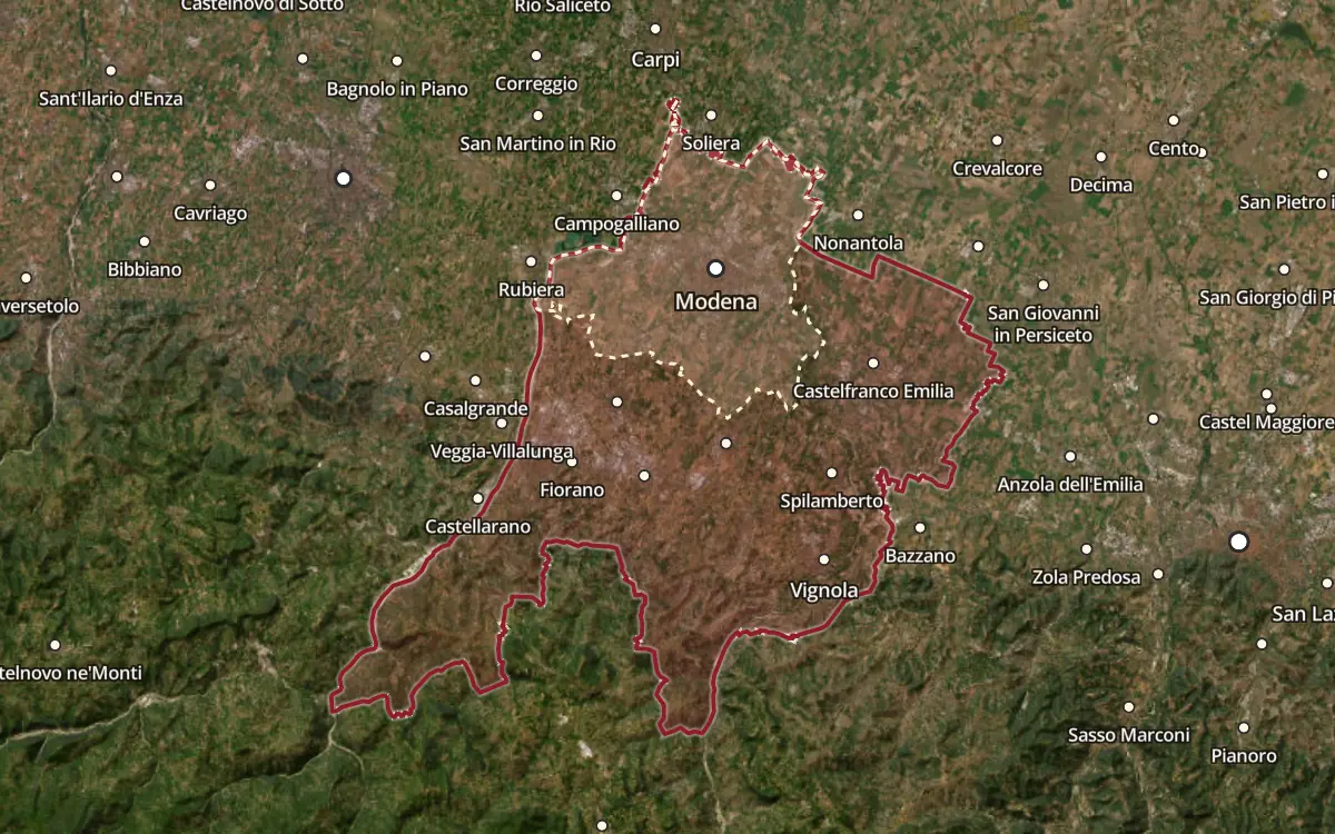 Map of the Lambrusco Grasparossa di Castelvetro DOC production zone on satellite imagery