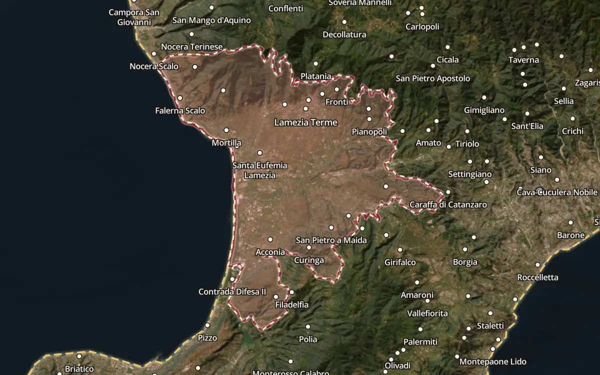 Map of the Lamezia DOC production zone on satellite imagery