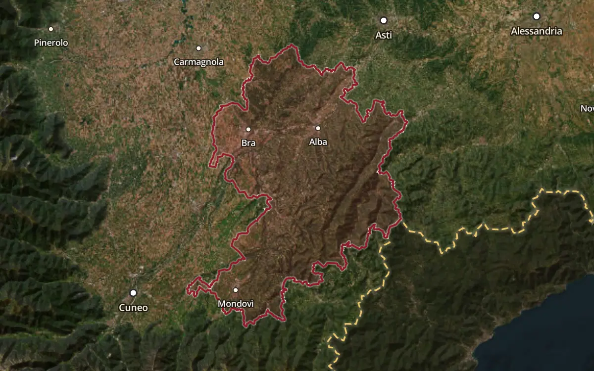 Map of the Langhe DOC production zone on satellite imagery
