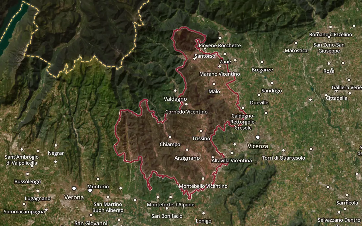 Map of the Lessini Durello DOC production zone on satellite imagery