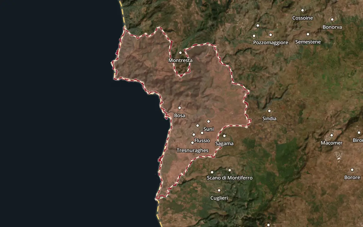 Map of the Malvasia di Bosa DOC production zone on satellite imagery