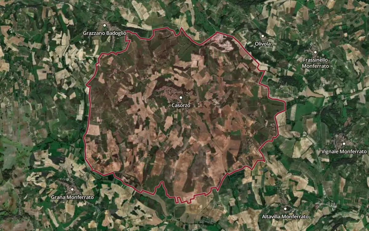 Map of the Malvasia di Casorzo d'Asti DOC production zone on satellite imagery