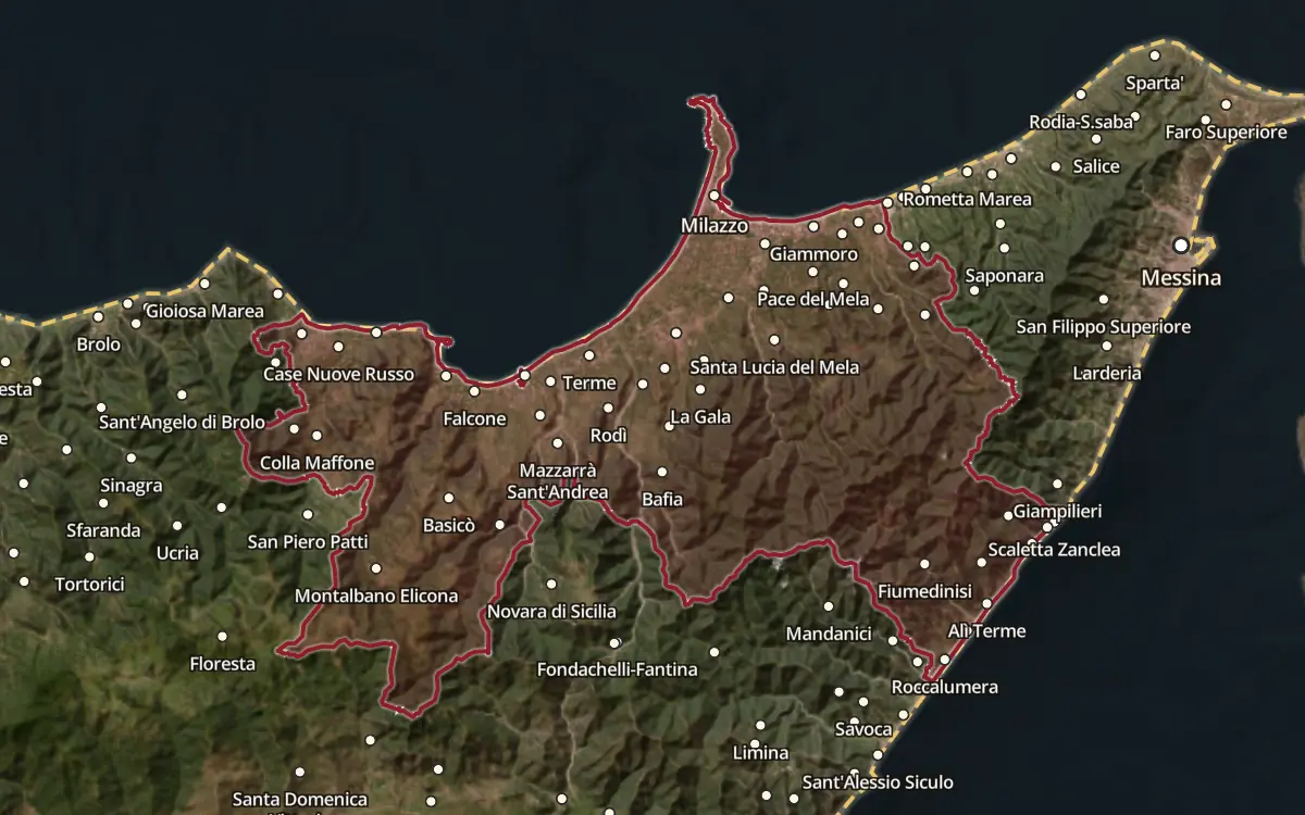 Map of the Mamertino di Milazzo DOC production zone on satellite imagery