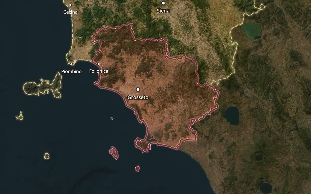 Map of the Maremma Toscana DOC production zone on satellite imagery
