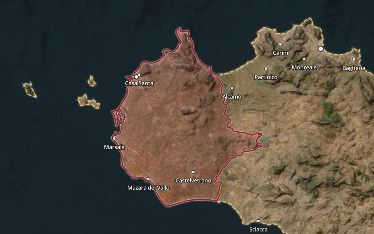 Map of the Marsala DOC production zone on satellite imagery