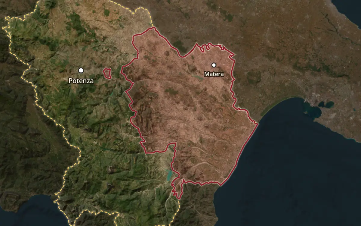Map of the Matera DOC production zone on satellite imagery