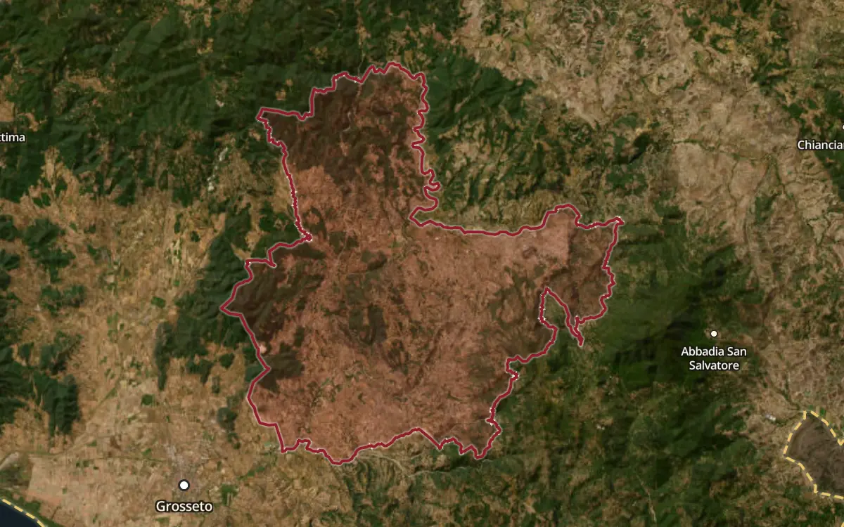 Map of the Montecucco Sangiovese DOCG production zone on satellite imagery