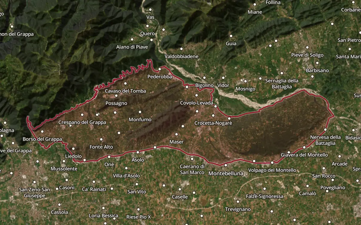 Map of the Montello Rosso / Montello DOCG production zone on satellite imagery