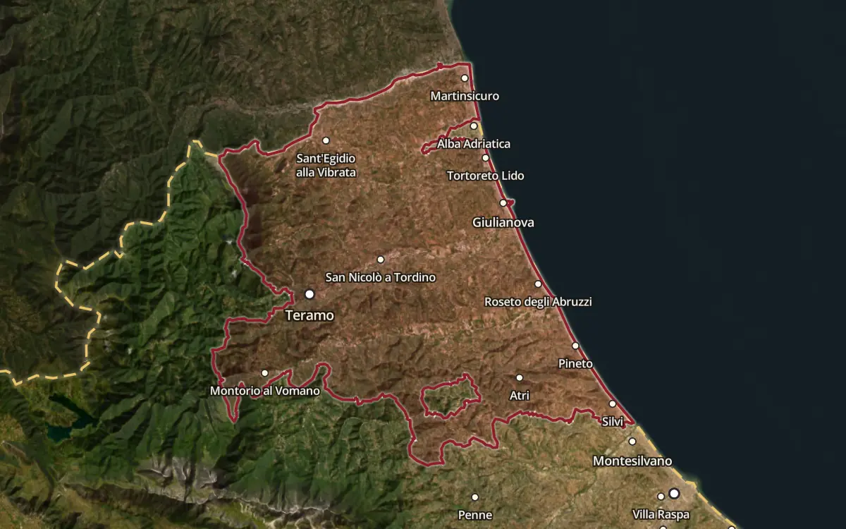 Map of the Montepulciano d'Abruzzo Colline Teramane DOCG production zone on satellite imagery