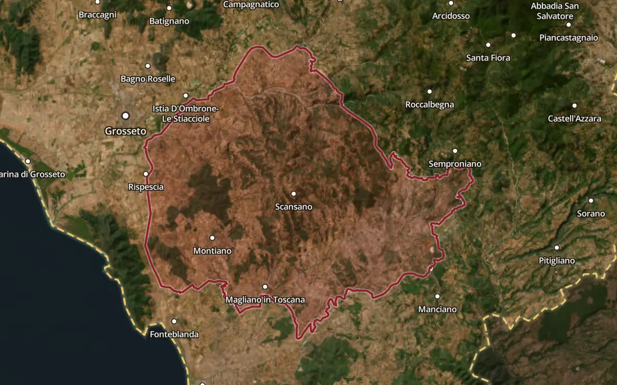 Map of the Morellino di Scansano DOCG production zone on satellite imagery