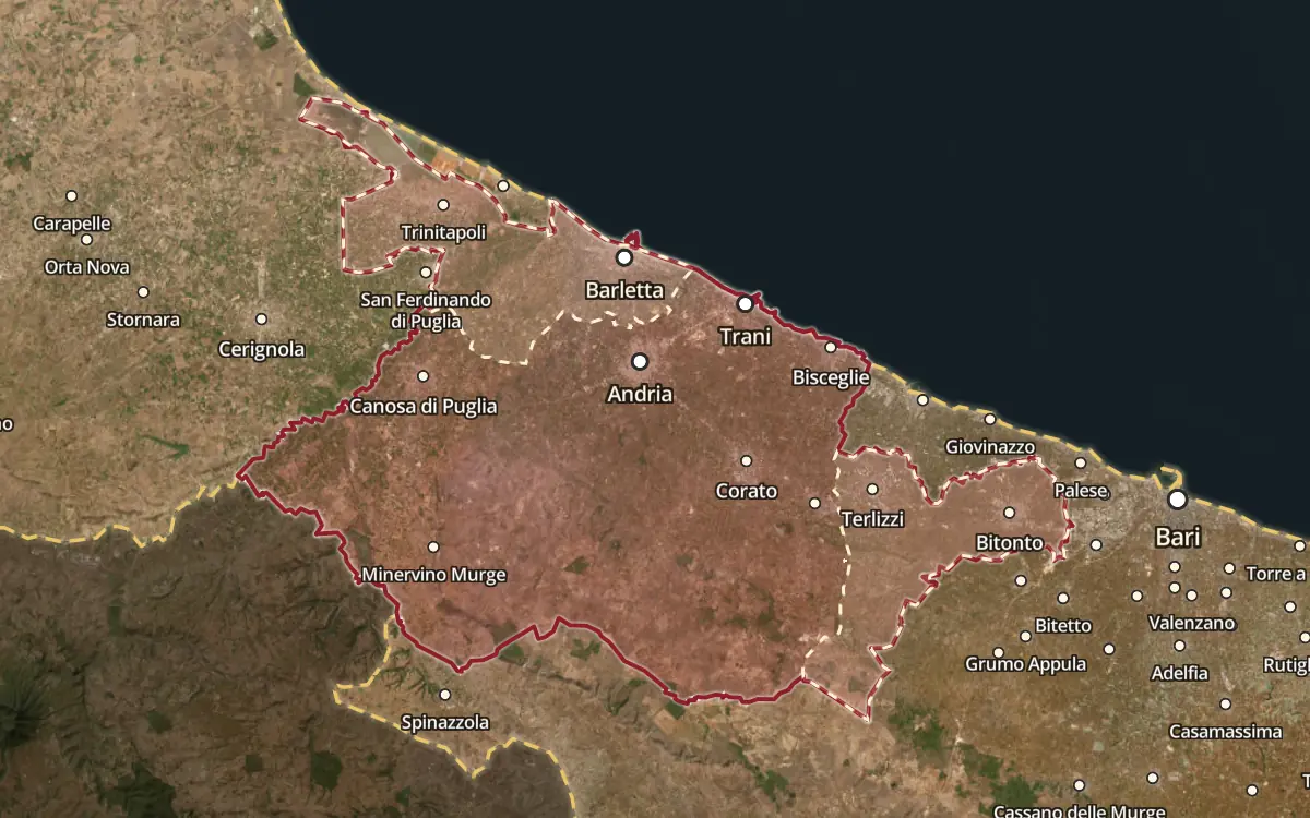 Map of the Moscato di Trani DOC production zone on satellite imagery