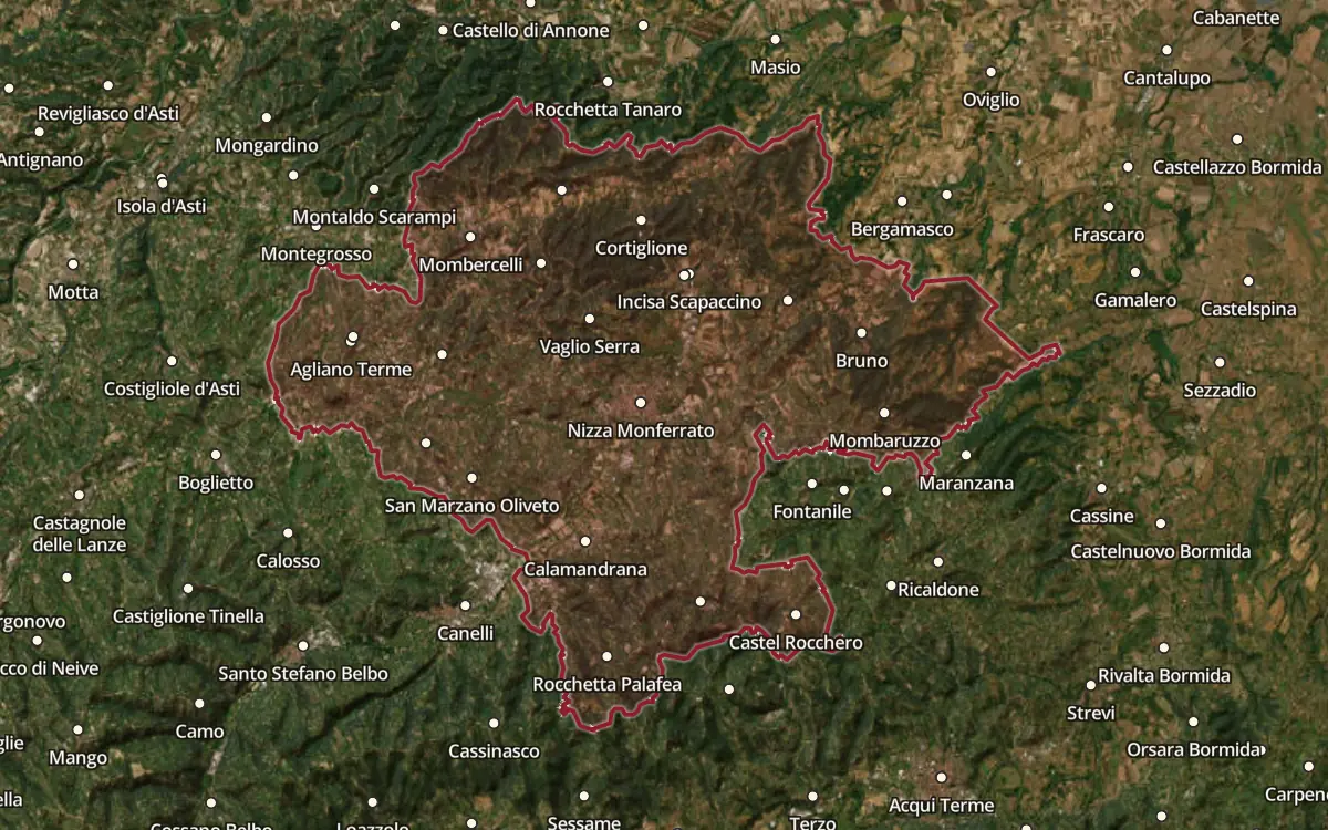 Map of the Nizza DOCG production zone on satellite imagery