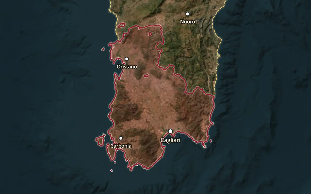 Map of the Nuragus di Cagliari DOC production zone on satellite imagery