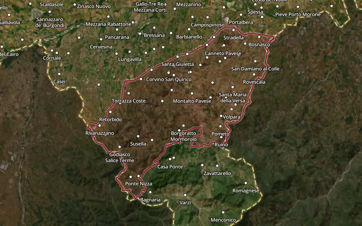 Map of the Oltrepò Pavese DOC production zone on satellite imagery