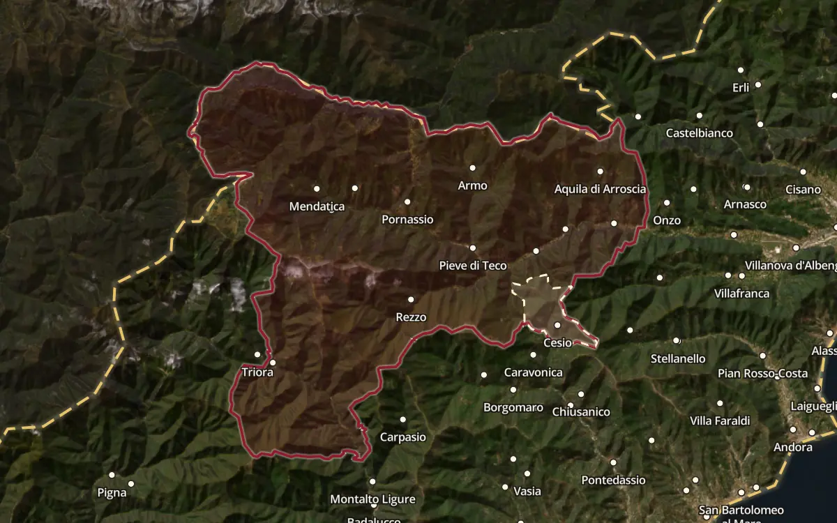 Map of the Ormeasco di Pornassio DOC production zone on satellite imagery