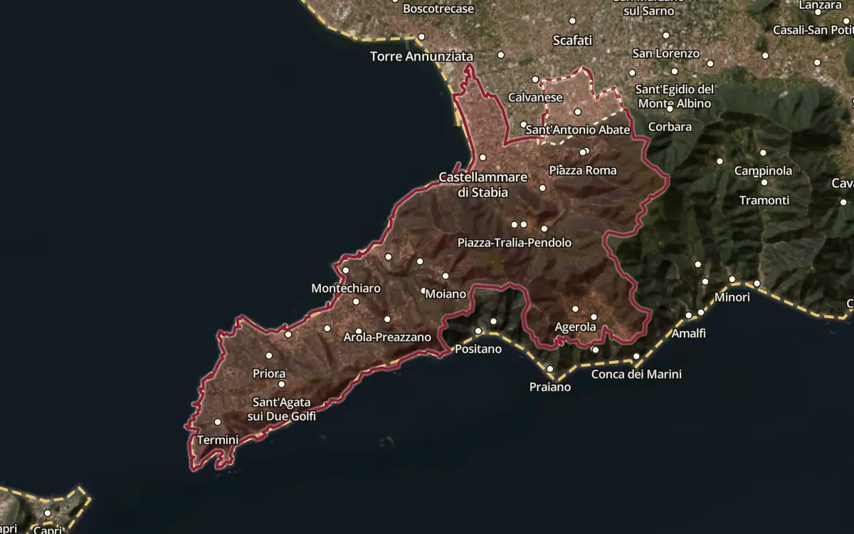 Map of the Penisola Sorrentina DOC production zone on satellite imagery