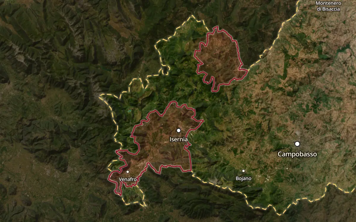 Map of the Pentro di Isernia DOC production zone on satellite imagery
