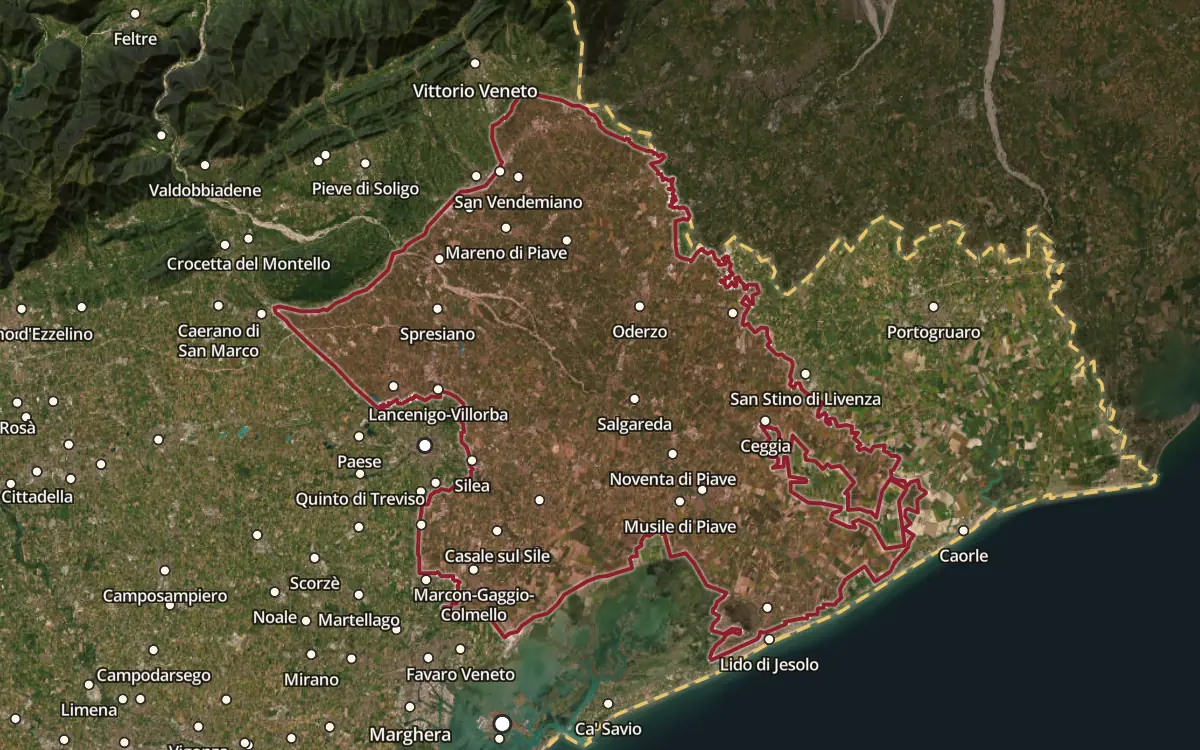 Map of the Piave DOC production zone on satellite imagery