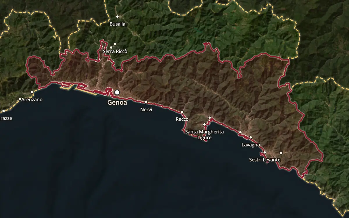 Map of the Portofino DOC production zone on satellite imagery