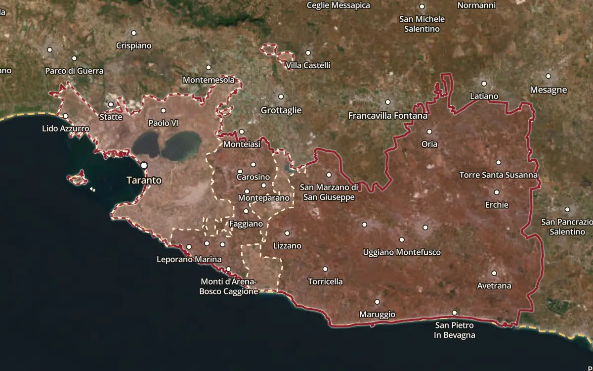 Map of the Primitivo di Manduria DOC production zone on satellite imagery