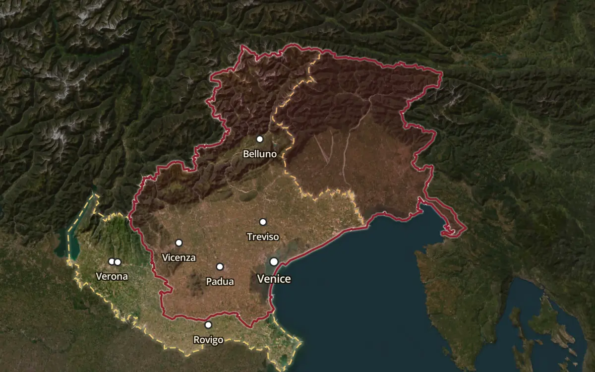Map of the Prosecco DOC production zone on satellite imagery